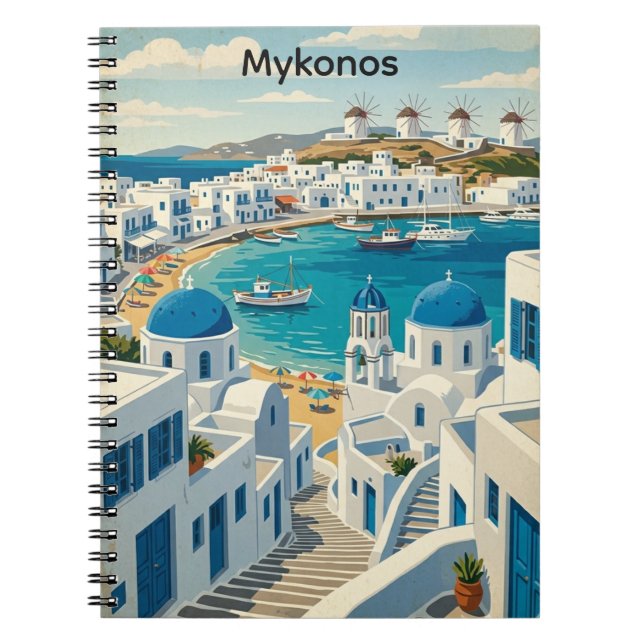 Vintage Mykonos Greece Architecture Windmills  Notebook (Front)