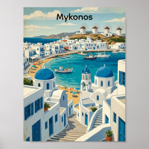 Vintage Mykonos Greece Architecture Windmills  Poster