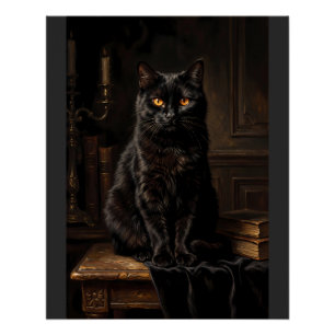 Vintage Mystic Black Cat Portrait Oil Painting T-S Poster