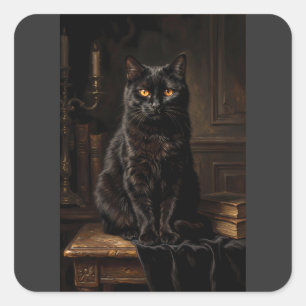 Vintage Mystic Black Cat Portrait Oil Painting T-S Square Sticker