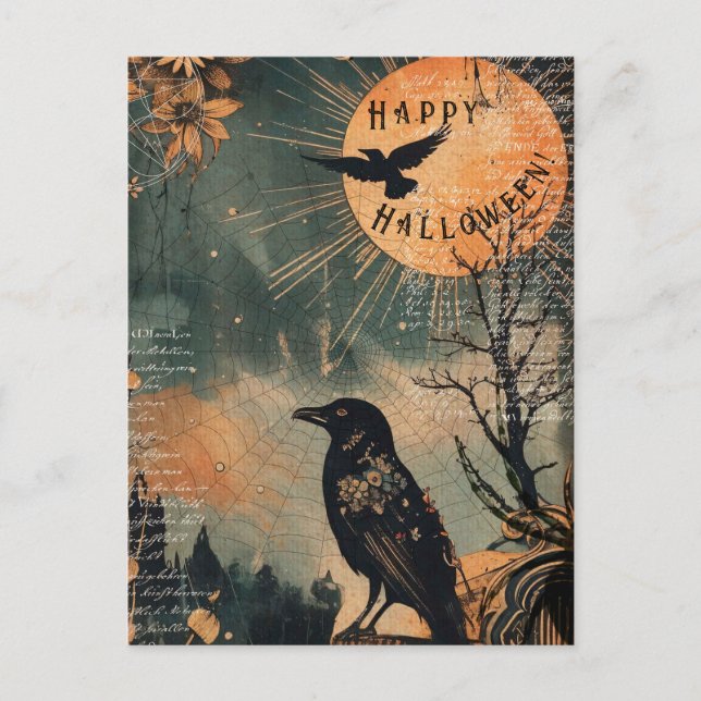 Vintage Mystic Raven Moon Happy Halloween Postcard (Front)