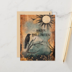 Vintage Mystic Raven Sun Happy Halloween Postcard