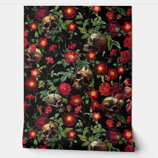 Vintage Mystic Skull And Roses Garden Wallpaper (Unrolling)