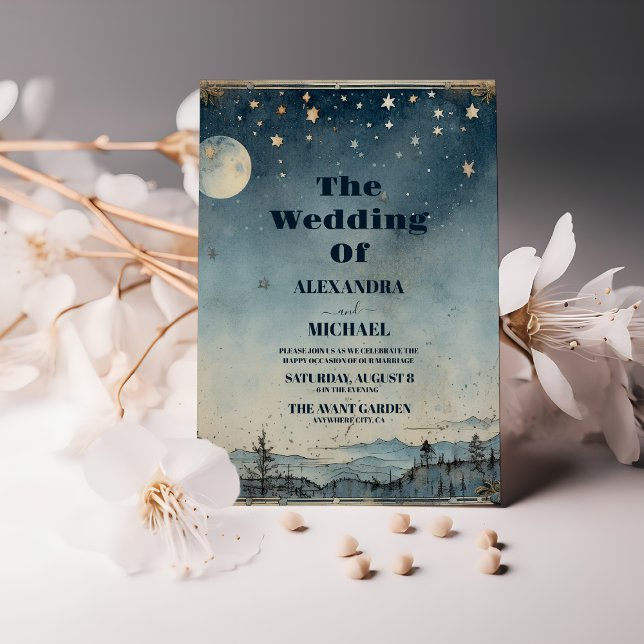 Vintage Mystical Blue Sun Moon wedding Invitation (Creator Uploaded)