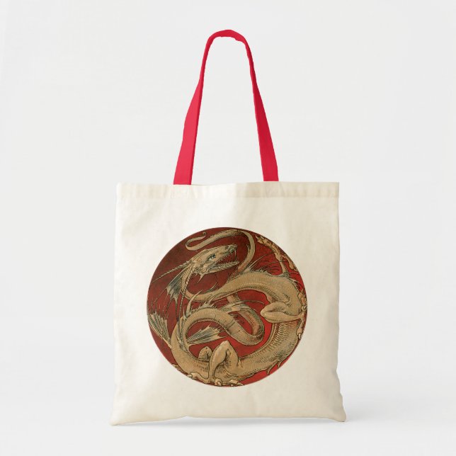 Vintage Mythology, Antique Golden Asian Dragon Tote Bag (Front)
