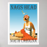 Vintage Nags Head North Carolina Beach Poster<br><div class="desc">A retro poster that never was until now. A creative redo of an old poster that should have been. Nags Head beach in retro style from the art deco era. Bright colours with a woman on the beach under a blue sky.</div>