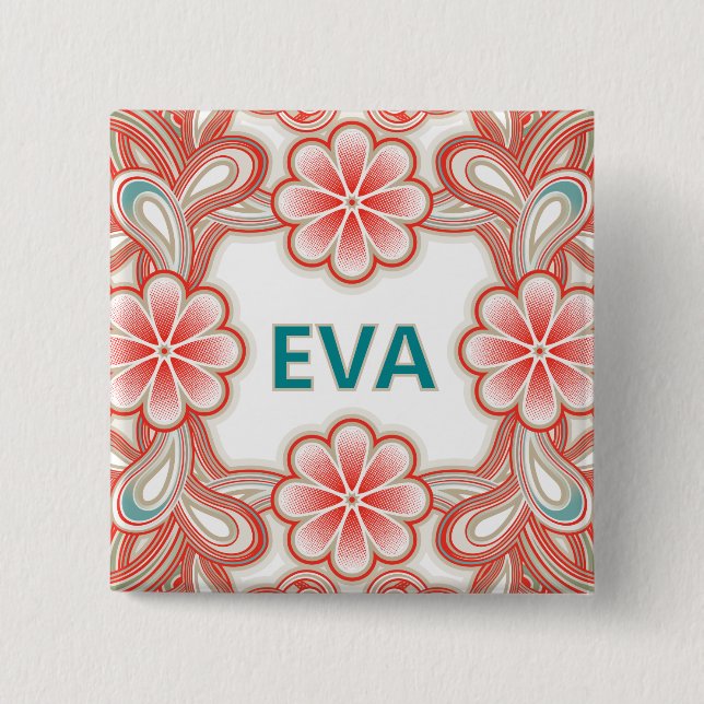 Vintage name button with red flowers (Front)