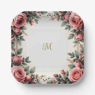 Vintage Name French Floral Rose Flowers Monogram Paper Plate