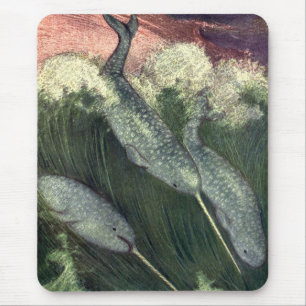 Vintage Narwhals, Marine Life Whales Ocean Animals Mouse Mat
