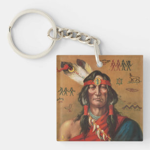 Vintage Native American Chief Portrait Art Key Ring