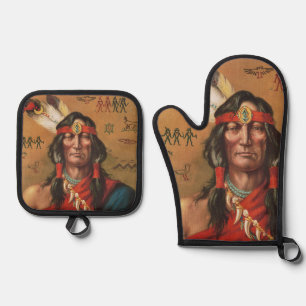 Vintage Native American Chief Portrait Art Oven Mitt & Pot Holder Set