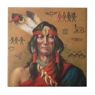 Vintage Native American Chief Portrait Art Tile