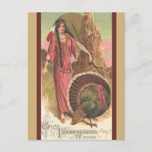 Vintage Native American Woman Thanksgiving Postcard (Front)