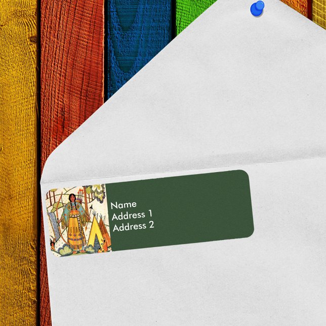 Vintage Native American Woman Village Forest (Native American Woman faux embroidered look return address label.)