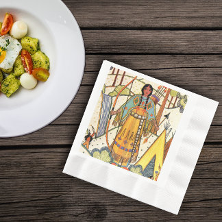 Vintage Native American Woman Village Forest Napkin