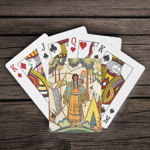 Vintage Native American Woman Village Forest Playing Cards