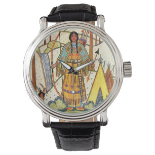 Vintage Native American Woman Village Forest Watch