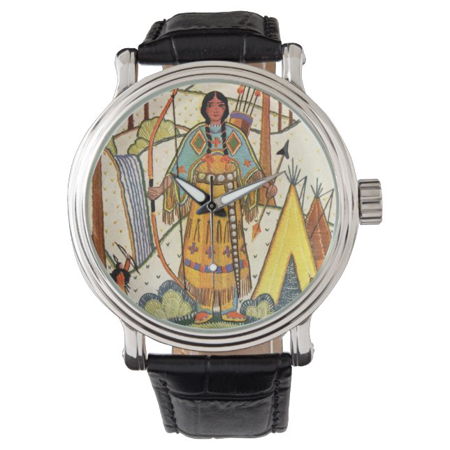 Vintage Native American Woman Village Forest Watch (Front)
