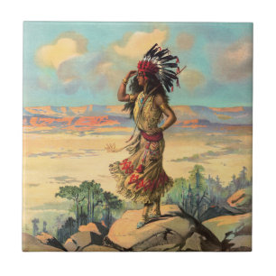 Vintage Native American Woman With Headdress Art Tile