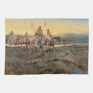Vintage Native Americans, Piegans by CM Russell Tea Towel