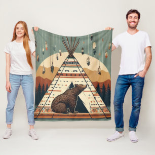 Vintage Native Teepee Bear Tribal Plains Indian Fleece Blanket