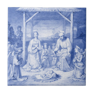 Vintage Nativity Scene Baby Jesus Birth Delft Blue Tile