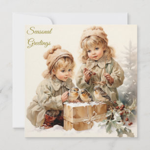 Vintage Nature Christmas Children with Birds Holiday Card