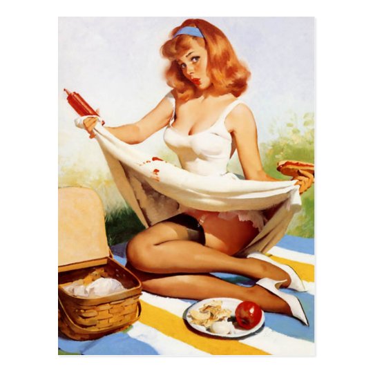 Vintage Naughty Picnic Pin Up Girl Postcard