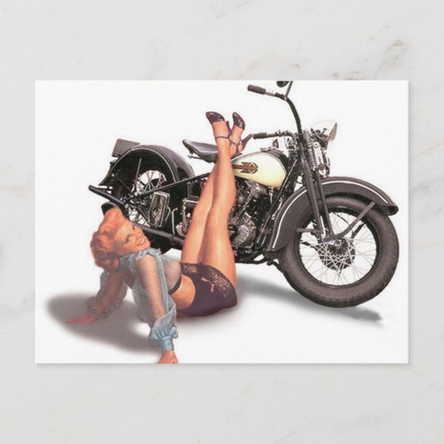 Vintage Naughty Playful Biker Pin Up Girl Postcard (Front)