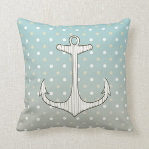 Vintage Nautical Anchor Blue Tan White Polka Dots Cushion