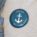 Vintage Nautical Anchor Captain Boat Name Blue 6 Cm Round Badge<br><div class="desc">Blue Vintage Nautical Anchor and Your Personalized Boat Name and Customizable Captain Rank Button.</div>