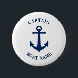 Vintage Nautical Anchor Captain Boat Name Navy 6 Cm Round Badge<br><div class="desc">Navy Blue Vintage Nautical Anchor and Your Personalised Boat Name and Customisable Captain Rank Button.</div>