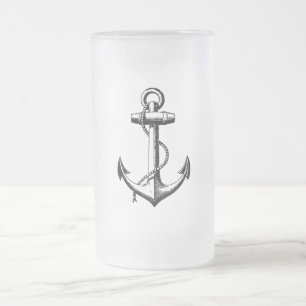 Vintage Nautical Anchor Illustration Frosted Glass Beer Mug