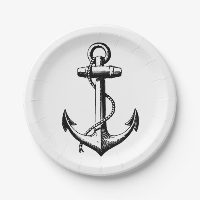 Vintage Nautical Anchor Illustration Paper Plate (Front)
