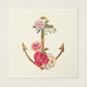Vintage Nautical Anchor Pink & Red Peony Flower Napkin