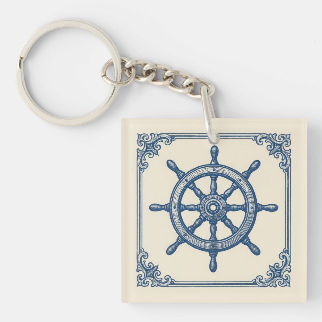 Vintage Nautical Blue Captains Wheel Key Ring (Front)