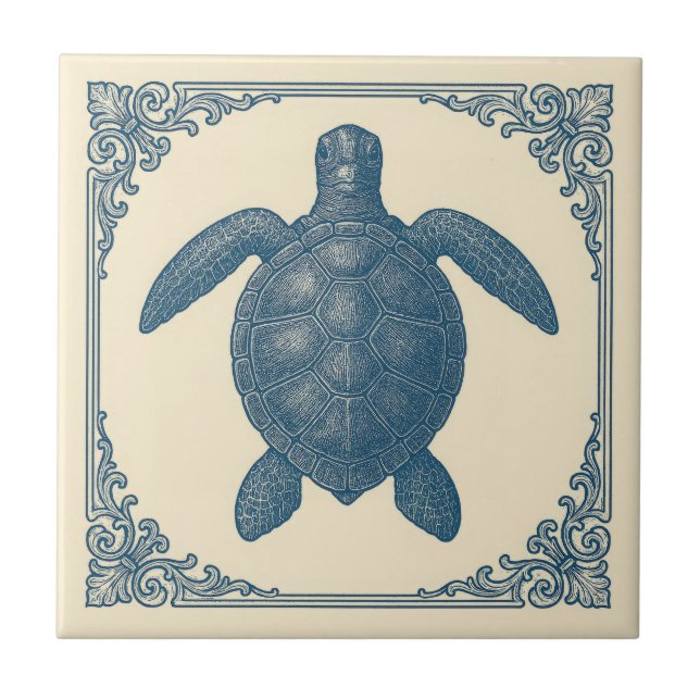 vintage Nautical Blue Sea Turtle Tile (Front)