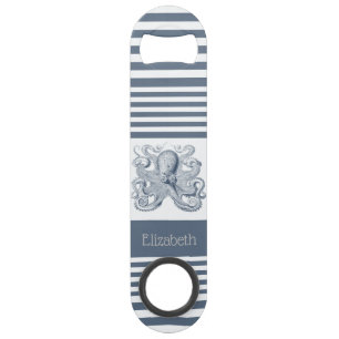 Vintage Nautical Blue White Stripe Octopus