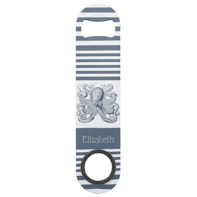 Vintage Nautical Blue White Stripe Octopus (Front)