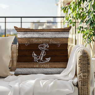 Vintage Nautical Boat Anchor On Woodgrain Pattern Cushion