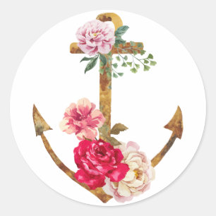 Vintage Nautical Boat Anchor Red & Pink Peony Classic Round Sticker