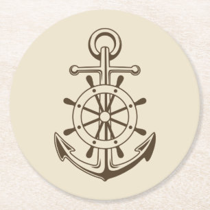 Vintage Nautical Boat Anchor & Ship Wheel Tan Round Paper Coaster