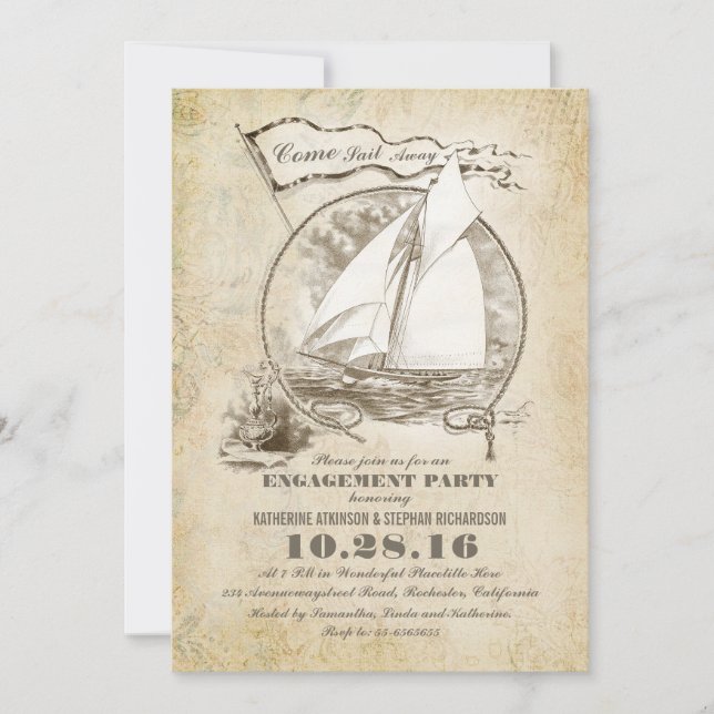 Vintage nautical boat engagement party invite (Front)