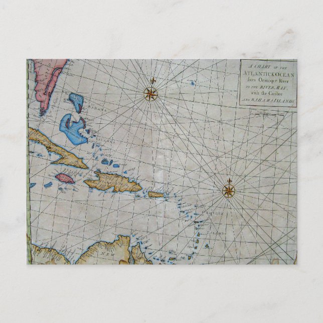 Vintage Nautical Chart Of The Caribbean Postcard (Front)
