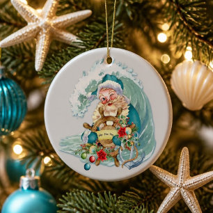 Vintage Nautical Coastal Christmas Beach Santa Ceramic Tree Decoration