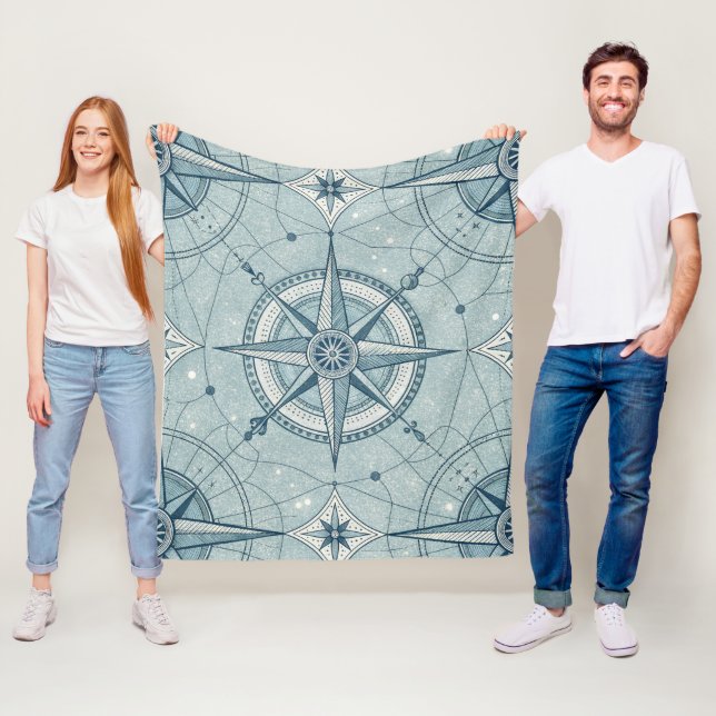 Vintage Nautical Compass Rose Pattern Fleece Blanket (In Situ)