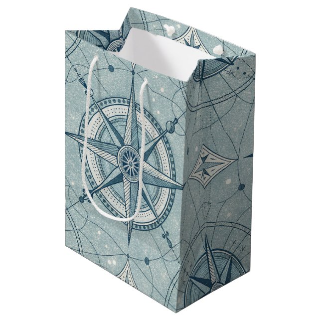 Vintage Nautical Compass Rose Pattern Medium Gift Bag (Front Angled)