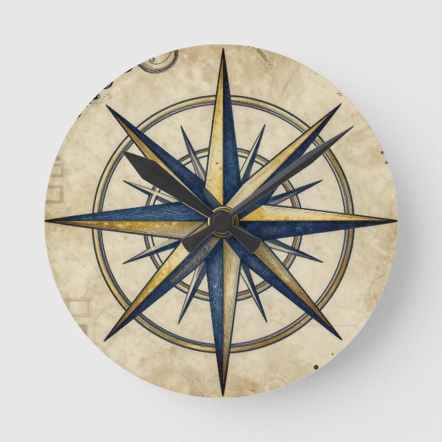 Vintage Nautical Compass Rose Round Clock (Front)