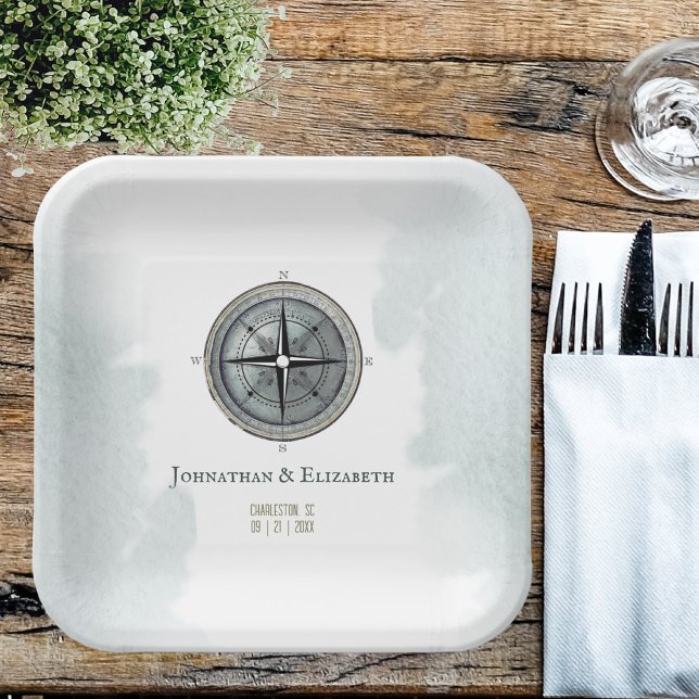 Vintage Nautical Compass Wedding Paper Plate (Vintage Nautical Compass Wedding Paper Plates)