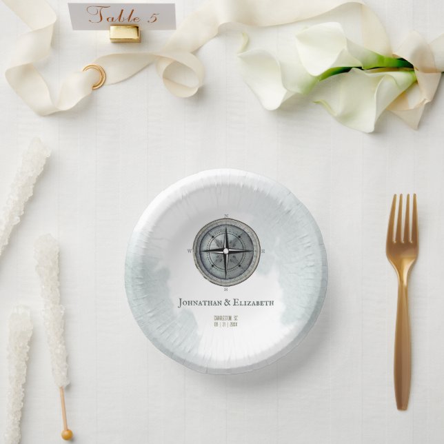 Vintage Nautical Compass Wedding Paper Plate (Wedding)
